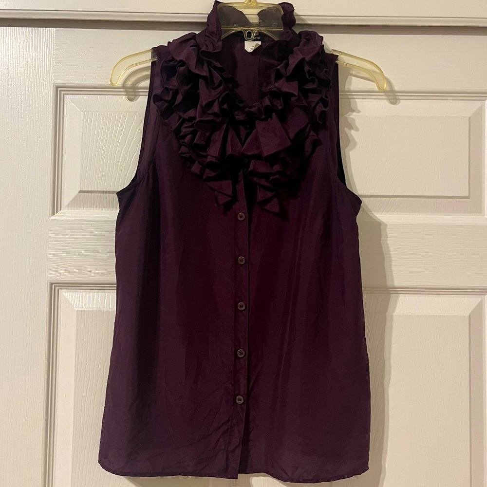 Women’s JCrew silk button up sleeveless top size 10 Plum with ruffle collar